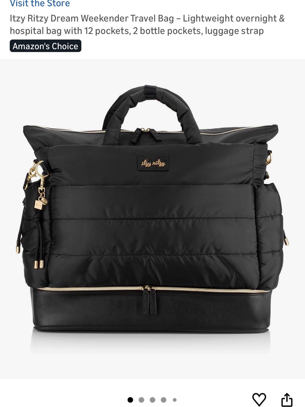 Itzy Ritzy Black Quilted Baby Bag With Gold Accents